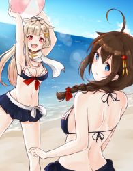 Rule 34 | 10s, 2girls, ahoge, armpits, arms up, ball, beach, beachball, bikini, bikini skirt, black bikini, black ribbon, blonde hair, blue eyes, blue skirt, blue sky, bow, braid, braided ponytail, breasts, brown hair, cleavage, day, dutch angle, groin, hair between eyes, hair bow, hair over shoulder, hair ribbon, highres, kantai collection, lens flare, long hair, looking at viewer, looking back, medium breasts, microskirt, multiple girls, navel, ocean, outdoors, red bow, red eyes, ribbon, shigure (kancolle), shiny skin, side braid, sideboob, single braid, skirt, sky, swimsuit, yamamura umi, yuudachi (kancolle)