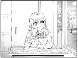Rule 34 | 1girl, absurdres, blush, closed mouth, curtains, desk, greyscale, highres, indoors, long hair, long sleeves, looking at viewer, mechanical pencil, mole, mole under mouth, monochrome, nakachiruno, original, pencil, school uniform, sitting, smile, solo, window