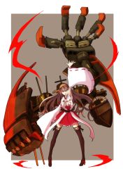 Rule 34 | 10s, 1girl, armor girls project, aura, bad id, bad twitter id, bare shoulders, black footwear, black hair, black thighhighs, boots, boushi-ya, camouflage, dazzle paint, detached sleeves, hair ornament, hairband, hairclip, hand up, haruna (kancolle), headgear, kantai collection, long hair, machinery, mechanical arms, nontraditional miko, ribbon-trimmed sleeves, ribbon trim, single mechanical arm, skirt, solo, thigh boots, thighhighs, turret, zettai ryouiki