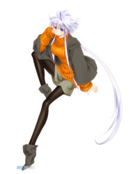 Rule 34 | 1girl, ankle boots, black pantyhose, blue eyes, blue hair, boots, breasts, full body, heterochromia, knee up, large breasts, lavolpe (yagisaka seto), long hair, looking at viewer, matching hair/eyes, orange shirt, original, oversized clothes, pantyhose, purple eyes, ribbed sweater, shirt, short shorts, shorts, simple background, sitting, solo, sweater, turtleneck, white background, yagisaka seto