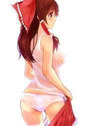 Rule 34 | 1girl, :o, ass, azuk, bare shoulders, blush, bow, breasts, brown eyes, brown hair, clothes pull, cowboy shot, eyebrows, from behind, hair bow, hair over shoulder, hair tubes, hakurei reimu, highres, large breasts, legs apart, panties, parted lips, ponytail, profile, red bow, red skirt, see-through, shirt, sidelocks, simple background, sketch, skirt, skirt pull, sleeveless, sleeveless shirt, solo, tank top, tareme, touhou, underwear, undressing, wet, wet clothes, wet panties, wet shirt, white background, white panties, white shirt