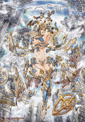 Rule 34 | 1girl, armor, armpits, blonde hair, blue eyes, breasts, chain, fantasy, feathers, groin, highres, large breasts, long hair, mountain, navel, noh seong-min, original, pillar, shield, solo, sword, weapon