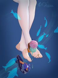 Rule 34 | 1girl, absurdres, blue background, blue footwear, chinese commentary, commentary request, crossed legs, dated, feet, feet on toy, food, foot focus, genshin impact, highres, holding, holding food, holding with feet, ice cream, ice cream cone, jewelry, legs, lens flare, melting, out of frame, sandals, sangonomiya kokomi, shadow, shiny clothes, signature, stirrup legwear, toe ring, toeless legwear, toes, triple scoop, unworn sandal, unworn sandals, waffle cone, white legwear, xhb