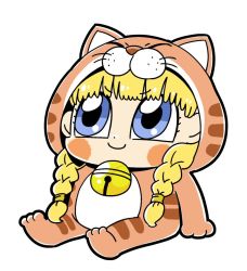 Rule 34 | &gt;:), 1girl, animal costume, bkub, blonde hair, blue eyes, blunt bangs, blush stickers, braid, cat costume, chibi, closed mouth, dot nose, dragon quest, dragon quest xi, full body, looking up, simple background, sitting, smile, solo, twin braids, v-shaped eyebrows, veronica (dq11), white background