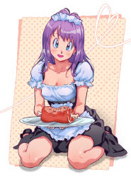 Rule 34 | 1girl, amachu a, apron, black dress, blue eyes, boned meat, breasts, bulma, cleavage, commentary, dragon ball, dragon ball (classic), dress, english commentary, eyebrows hidden by hair, food, heart, highres, holding, holding tray, maid, maid headdress, meat, medium breasts, medium dress, medium hair, open mouth, puffy short sleeves, puffy sleeves, purple hair, short sleeves, sitting, smile, solo, tray, underbust, waist apron, wariza