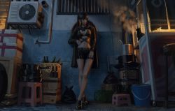 Rule 34 | 1girl, absurdres, air conditioner, animal, bikini, bikini top only, black bikini, black cat, black hair, black shorts, black socks, bottle, breasts, brown footwear, brown hat, bucket, cat, closed mouth, earrings, frying pan, glowing, guweiz, hat, hat on back, highres, jewelry, long hair, long sleeves, looking away, looking to the side, navel, original, ponytail, rice hat, sandals, short shorts, shorts, shrug (clothing), sidelocks, small breasts, socks, solo, standing, stool, swimsuit, thick eyebrows, trash bag, zouri