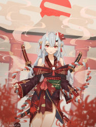 Rule 34 | 1girl, alternate costume, bare shoulders, bell, blurry, breasts, cauchyconjugacy, cloud, cloudy sky, cowboy shot, depth of field, detached sleeves, green sash, hair between eyes, hair ornament, highres, holding, hololive, horns, japanese clothes, kimono, long hair, long sleeves, looking at viewer, mask, mountain, multicolored clothes, multicolored hair, multiple weapons, nakiri ayame, nakiri ayame (1st costume), obi, oni, oni mask, open mouth, red eyes, red hair, red kimono, red ribbon, ribbon, rope, sash, sheath, sheathed, shimenawa, sidelocks, silver hair, skin-covered horns, sky, small breasts, smile, smoke trail, solo, sun, sword, sword behind back, torii, virtual youtuber, weapon