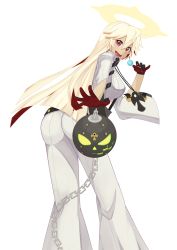 Rule 34 | 1girl, ahoge, ankh, arc system works, ass, ball and chain restraint, blonde hair, bodysuit, breasts, candy, cross, cross necklace, food, from behind, gloves, guilty gear, guilty gear xrd, guilty gear xrd: revelator, halo, highres, jack-o&#039; valentine, jewelry, large breasts, leaning, leaning forward, letterboxed, lollipop, long hair, looking at viewer, multicolored hair, necklace, open mouth, red eyes, red hair, sideboob, smile, solo, tongue, two-tone hair, very long hair