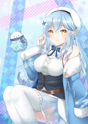 Rule 34 | 1girl, ahoge, beret, blue hair, breasts, coat, commentary request, daifuku (yukihana lamy), elf, flower, frilled thighhighs, frills, hair flower, hair ornament, half updo, hat, highres, hololive, large breasts, long hair, off shoulder, open clothes, open coat, pointy ears, snowflake print, solo, thighhighs, virtual youtuber, white hat, white thighhighs, yellow eyes, yudame, yukihana lamy