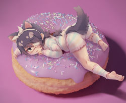 Rule 34 | 1girl, 3d, alternate costume, animal ears, australian devil (kemono friends), barefoot, black eyes, black hair, blue stripes, bow, commentary request, doughnut, doughnut innertube, extra ears, eyepatch, fang, food, from side, full body, green stripe, hair bow, hair ribbon, hairband, highres, in food, kemono friends, kemono friends 3, kneepits, kolshica, leg warmers, long hair, long sleeves, looking at viewer, looking to the side, lying, medical eyepatch, mini person, minigirl, on stomach, open mouth, pajamas, pastel colors, pink stripes, purple background, ribbon, shorts, simple background, sleeves past wrists, soles, solo, sprinkles, striped, tail, tasmanian devil ears, tasmanian devil tail, yellow stripe