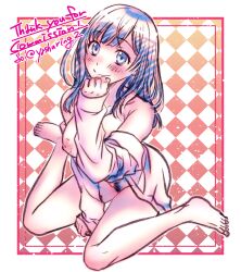 Rule 34 | blush, breasts, breasts out, checkered background, commission, hand on chin, hige wo soru. soshite joshikousei wo hirou., highres, large breasts, nipples, ogiwara sayu, partially undressed, pubic hair, shirt, skeb commission, smile, white shirt, yashuring