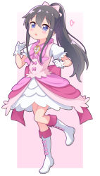 Rule 34 | 1girl, blue eyes, blush, boots, bow, cosplay request, dress, full body, gloves, hair between eyes, hair bow, heart, high ponytail, jigatei (omijin), long hair, magical girl, parted lips, pink background, pink bow, pink dress, ponytail, puffy short sleeves, puffy sleeves, shirosaki hana, shirt, short sleeves, sidelocks, sleeveless, sleeveless dress, solo, standing, standing on one leg, two-tone background, very long hair, watashi ni tenshi ga maiorita!, white background, white footwear, white gloves, white shirt