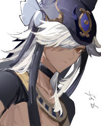 Rule 34 | 1boy, animal hat, arabian clothes, black choker, black hat, black ribbon, black shirt, brown eyes, choker, closed mouth, commentary request, crop top, cropped shirt, cyno (genshin impact), dark-skinned male, dark skin, expressionless, eyelashes, genshin impact, gold trim, hair over one eye, hat, jewelry, long hair, looking at viewer, male focus, necklace, one eye covered, parted bangs, ribbon, shirt, short sleeves, sidelocks, solo, swept bangs, ueauwa, upper body, white background, white hair