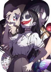 Rule 34 | 10s, absurdres, asobi asobase, black hair, brown eyes, brown skirt, bug, butterfly, card, character request, club (shape), collared shirt, diamond (shape), glasses, hand on own hip, heart, highres, holding, honda hanako, insect, joker (playing card), kendama, long hair, looking at viewer, makeup, messy hair, miyagi ruka, necktie, nomura kasumi, parted lips, playing card, round eyewear, school uniform, shirt, short sleeves, simple background, skirt, smile, spade (shape), standing, v-shaped eyebrows, very long hair, white background, white shirt, wing collar