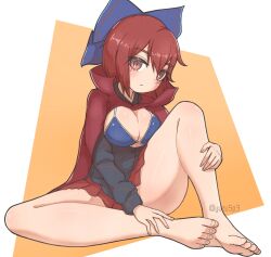 Rule 34 | 1girl, barefoot, bikini, black shirt, blue bikini, blue bow, bow, breasts, cleavage, cloak, closed mouth, commentary, full body, hair bow, knee up, large breasts, long sleeves, looking at viewer, orange background, red eyes, red hair, red skirt, sekibanki, shirt, sitting, skirt, solo, swimsuit, touhou, twitter username, yuzu5p4