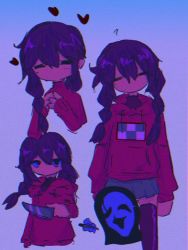 Rule 34 | 1girl, ?, adapted costume, arms at sides, black thighhighs, blue background, braid, brown eyes, closed eyes, colored sclera, commentary, feet out of frame, glitch, gradient background, hair between eyes, hanekou1118, head tilt, heart, holding, holding knife, holding weapon, hood, hoodie, knife, long sleeves, madotsuki, multiple views, no mouth, noise, own hands together, pink hoodie, purple sclera, purple shirt, shiny clothes, shiny legwear, shirt, skirt, thighhighs, turtleneck, twin braids, uboa, upper body, weapon, yume nikki