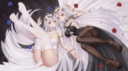 Rule 34 | 2girls, absurdres, azur lane, black pantyhose, blue eyes, blush, bracelet, breasts, cleavage, closed mouth, commentary request, emden (azur lane), feet, hair ornament, highres, ichikushi mojibake, jewelry, large breasts, legs, legs up, long hair, looking at viewer, lying, multiple girls, on back, on side, pantyhose, parted lips, red eyes, smile, soles, thighband pantyhose, thighhighs, thighs, white hair, white thighhighs
