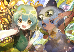 Rule 34 | 2girls, antennae, aqua hair, bad id, bad twitter id, blue bow, blue dress, blue eyes, blue hair, blush, bow, brown eyes, butterfly wings, cirno, dress, eternity larva, eyewear on head, fairy, flower, green dress, hair between eyes, hair bow, highres, ice, ice wings, insect wings, leaf, leaf on head, multicolored clothes, multicolored dress, multiple girls, open mouth, short hair, shoudoku taishi (taishi), single strap, smile, sunflower, sunglasses, tanned cirno, third-party source, touhou, v, wings, yellow flower