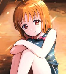 Rule 34 | 1girl, arms on own knees, artist name, artist request, bare legs, bare shoulders, beach, blue pants, blue shirt, blue shorts, blush, bow, bowtie, breasts, cleavage, close-up, collarbone, female focus, hand on own knee, knees up, looking at viewer, love live!, love live! school idol festival, love live! sunshine!!, orange hair, outdoors, pants, parted lips, pink bow, red eyes, shirt, short hair, shorts, sitting, small breasts, smile, solo, striped clothes, striped pants, striped shirt, striped shorts, takami chika