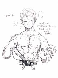 Rule 34 | 10s, 1boy, abs, ashika, boku no hero academia, dougi, male focus, monochrome, muscular, nipples, ojiro mashirao, parted lips, short hair, simple background, sketch, solid circle eyes, solo, steam, sweat, undressing, upper body