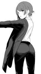 Rule 34 | 1girl, ass, blush, bob cut, collared shirt, commentary request, dressing, earrings, folded ponytail, formal, from behind, greyscale, highres, jewelry, kapatarou, looking at viewer, looking back, monochrome, open mouth, original, pants, shirt, simple background, solo, standing, stud earrings, suit, white background