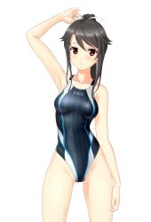 Rule 34 | 1girl, absurdres, black hair, black one-piece swimsuit, breasts, commentary request, competition swimsuit, cowboy shot, hair ribbon, high school fleet, highleg, highleg swimsuit, highres, long hair, looking at viewer, multicolored clothes, multicolored swimsuit, munetani mashiro, one-piece swimsuit, parted lips, ponytail, red eyes, ribbon, simple background, small breasts, solo, standing, swimsuit, table, takafumi, white background, white ribbon