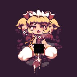 Rule 34 | 1girl, absurdres, bar censor, blonde hair, blush, bow, brown background, brown eyes, censored, commentary request, cookie (touhou), cum, fang, full body, hair bow, headdress, highres, m.u.g.e.n, monster, nikukabe (mugen), open mouth, pixel art, red bow, restrained, shiriri saikyo, short hair, solo, sunny milk, tentacle sex, tentacles, thighhighs, tonchamon san, touhou, two side up, white thighhighs