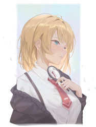 Rule 34 | 1girl, absurdres, blonde hair, blue eyes, blush, breasts, cardigan, from side, hand up, highres, holding, holding magnifying glass, hololive, hololive english, large breasts, looking ahead, magnifying glass, medium breasts, medium hair, messy hair, midori xu, necktie, open cardigan, open clothes, parted lips, shirt, simple background, suspenders, upper body, virtual youtuber, watson amelia, white background, white shirt, wing collar