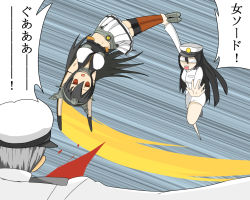 Rule 34 | 2girls, admiral (kancolle), bare shoulders, black hair, blood, elbow gloves, female admiral (kancolle), gloves, hairband, headgear, kantai collection, long hair, me2o, midriff, mimikokomomo, multiple girls, nagato (kancolle), navel, open mouth, parody, thighhighs, too literal, translated