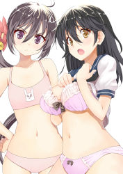 Rule 34 | &gt;:&lt;, 10s, 2girls, :&lt;, :o, akebono (kancolle), b-ginga, bell, black hair, blush, bow, bow bra, bow panties, bra, breasts, brown eyes, closed mouth, clothes lift, collarbone, flat chest, flower, hair bell, hair flower, hair ornament, hand on own hip, head tilt, jingle bell, kantai collection, large breasts, long hair, looking at viewer, multiple girls, navel, open mouth, panties, pink bra, pink panties, school uniform, serafuku, shirt lift, side ponytail, stomach, underwear, underwear only, ushio (kancolle), v-shaped eyebrows, white background