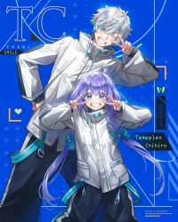 Rule 34 | 1boy, 1girl, black pants, blue background, blue bow, blue hair, blush, bow, braid, character name, chinese commentary, cosplay, double v, hair bow, heart, highres, jacket, looking at viewer, nagy (cindy32ok123), nijisanji, one eye closed, pants, reignite, smile, tempplex, tempplex (cosplay), twin braids, v, v-shaped eyebrows, virtual youtuber, white hair, white jacket, yuuki chihiro