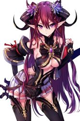 Rule 34 | 1girl, absurdres, bare shoulders, blush, book, breasts, closed mouth, commentary request, cowboy shot, detached sleeves, flower, gem, hair between eyes, hair flower, hair ornament, highres, horns, large breasts, long hair, looking at viewer, maruchi, original, pointy ears, purple eyes, red hair, simple background, skirt, solo, underboob, very long hair, white background