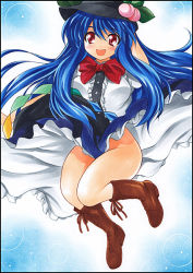 Rule 34 | 1girl, blue hair, boots, breasts, clothes lift, cross-laced footwear, dress, female focus, food, fruit, hat, hinanawi tenshi, hip focus, lace-up boots, long hair, no panties, open mouth, peach, red eyes, skirt, skirt lift, smile, solo, touhou, traditional media, yadokari genpachirou
