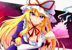 Rule 34 | 1girl, black background, blonde hair, border, bow, breasts, commentary request, dress, elbow gloves, gloves, gradient background, hair between eyes, hair bow, hand fan, hand up, hat, hat bow, highres, long hair, looking at viewer, medium breasts, multicolored background, open mouth, outside border, puffy short sleeves, puffy sleeves, purple background, purple dress, purple eyes, qqqrinkappp, red background, red bow, short sleeves, smile, solo, touhou, traditional media, upper body, white border, white gloves, yakumo yukari