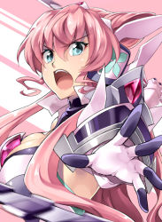 Rule 34 | 10s, 1girl, blue eyes, breasts, butterfly hair ornament, chikugen shiina, cleavage, cleavage cutout, clothing cutout, hair between eyes, hair ornament, large breasts, long hair, maria cadenzavna eve, open mouth, pink hair, senki zesshou symphogear, solo