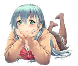 Rule 34 | 1girl, aqua hair, awa yume, blush, breasts, brown jacket, brown skirt, brown thighhighs, cleavage, closed mouth, collarbone, frilled skirt, frills, green eyes, hair ornament, hairclip, hands on own cheeks, hands on own face, jacket, kantai collection, lips, long hair, looking at viewer, lying, medium breasts, necktie, no shoes, on stomach, pleated skirt, red necktie, remodel (kantai collection), simple background, skirt, smile, solo, suzuya (kancolle), thighhighs, white background