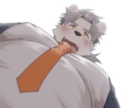 Rule 34 | 1boy, animal ears, bara, bear boy, bear ears, belly, blush, covered erect nipples, fangs, fat, fat man, foreshortening, formal, from below, furry, furry male, highres, large pectorals, looking at viewer, looking down, male focus, meme, mikky, mole, mole under eye, necktie, nipples, open mouth, original, pectoral focus, pectorals, photo-referenced, short hair, solo, thick eyebrows, upper body, white fur, yur oc like this (meme)
