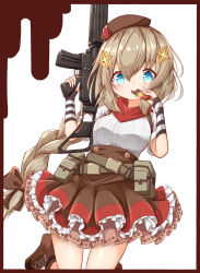 Rule 34 | 1girl, absurdres, arm warmers, assault rifle, belt, belt pouch, beret, blue eyes, boots, braid, breasts, brown hair, candy, chocolate, chocolate bar, eating, fn fnc, fnc (girls&#039; frontline), food, frilled skirt, frills, girls&#039; frontline, gun, hair ornament, hair ribbon, hairclip, hat, highres, long hair, matsuo (matuonoie), name connection, pouch, ribbon, rifle, skirt, solo, trigger discipline, weapon