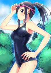 Rule 34 | 1girl, bad id, bad pixiv id, black hair, blue eyes, breasts, brown eyes, cloud, day, goggles, goggles on head, hand on own hip, medium breasts, nashigaya koyomi, nashikkoro, one-piece swimsuit, original, ponytail, school swimsuit, sky, solo, swimsuit, tree, wet, wet clothes, wet swimsuit