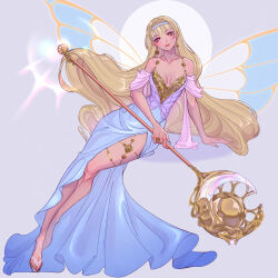 Rule 34 | absurdres, alternate costume, arm support, bare shoulders, blonde hair, blue dress, blue hairband, breasts, butterfly wings, cleavage, collarbone, commentary, crescent, crescent earrings, dress, earrings, english commentary, full body, grey background, hairband, highres, holding, holding wand, insect wings, jewelry, long dress, long hair, looking at viewer, luverihu, sandals, side slit, sleeveless, sleeveless dress, stella (winx club), wand, wings, winx club