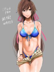 Rule 34 | 1girl, arm behind back, breasts, brown eyes, brown hair, cholesenel, closed mouth, collarbone, hair ribbon, highres, lips, long hair, looking at viewer, medium breasts, navel, pink ribbon, ponytail, ribbon, saionji reimi, short shorts, shorts, simple background, smile, solo, star ocean, star ocean the last hope, swimsuit, wet