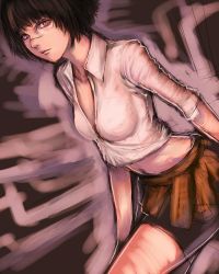 Rule 34 | 00s, 1girl, bike shorts, blouse, capcom, collared shirt, devil may cry (series), fumio (rsqkr), heterochromia, lady (devil may cry), shirt, short hair, skirt, solo, white shirt