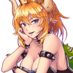 Rule 34 | 1girl, armlet, bare shoulders, blonde hair, blue eyes, bowsette, bracelet, breasts, cleavage, collar, commentary request, crown, fingernails, highres, horns, jewelry, large breasts, looking at viewer, mario (series), mikannsisyou, nail polish, new super mario bros. u deluxe, nintendo, pointy ears, sharp teeth, short hair, simple background, solo, spiked armlet, spiked bracelet, spiked collar, spikes, super crown, teeth, upper body, white background
