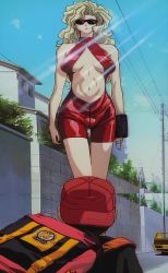 Rule 34 | 1990s (style), absurdres, anime screenshot, bag, blonde hair, breasts, center opening, covered erect nipples, dress, formal, glasses, golden boy, halterneck, handbag, highres, large breasts, lipstick, long hair, makeup, nail polish, navel, onna shachou, ooe kintarou, red lips, retro artstyle, screencap, stitched, suit, sunglasses, third-party edit, tight clothes