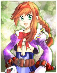 Rule 34 | 1girl, amano saiko, belt, bow, braid, brown hair, coat, dress, gloves, green eyes, hairband, highres, long hair, looking at viewer, open mouth, purple dress, red hairband, smile, solo, virginia maxwell, wild arms, wild arms 3