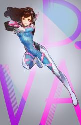 Rule 34 | 1girl, armor, bad id, bad pixiv id, bodysuit, boots, breasts, brown eyes, brown hair, character name, covered navel, d.va (overwatch), facepaint, facial mark, gloves, gun, handgun, headphones, high collar, highres, holding, holding gun, holding weapon, k (sktchblg), long hair, overwatch, overwatch 1, pilot suit, shoulder pads, solo, swept bangs, thigh boots, thighhighs, turtleneck, weapon, whisker markings, white footwear, white gloves