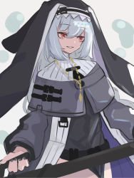 Rule 34 | 1girl, arknights, asususususu, black nails, chainsaw, circular saw, grey background, grin, hair between eyes, highres, holding, holding chainsaw, long hair, long sleeves, nail polish, nun, open mouth, red eyes, rosary, saw, simple background, smile, solo, specter (arknights), teeth, white hair