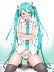 Rule 34 | 1girl, absurdres, amego, artist name, bare shoulders, black thighhighs, blue hair, blue necktie, blue panties, blush, breasts, cameltoe, cleft of venus, crossed arms, dated, earpiece, embarrassed, female focus, gradient background, hair ornament, hatsune miku, highres, jpeg artifacts, kneeling, long hair, looking at viewer, matching hair/eyes, necktie, number tattoo, open mouth, panties, parted lips, peeing, peeing self, shirt, skindentation, sleeveless, sleeveless shirt, small breasts, solo, spread legs, striped clothes, striped panties, tattoo, thighhighs, translated, twintails, underwear, vocaloid, wet, wet clothes, wet panties, white background, white shirt