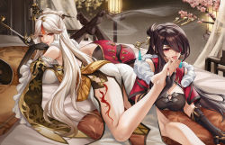 Rule 34 | 2girls, bare legs, barefoot, beidou (genshin impact), black gloves, black legwear, breasts, brown hair, commentary request, dress, eyepatch, feet, fingerless gloves, fur trim, genshin impact, gloves, hair ornament, hair over one eye, hair stick, highres, holding, holding smoking pipe, indoors, kacyu, large breasts, leg tattoo, licking, licking foot, long hair, looking at viewer, lying, multiple girls, ningguang (genshin impact), no shoes, on bed, on stomach, parted bangs, red eyes, short sleeves, smoking pipe, tattoo, thighhighs, toenails, toes, tongue, tongue out, very long hair, white dress, white hair, yuri