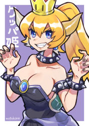 Rule 34 | 1girl, armlet, artist name, black dress, blonde hair, bowsette, bracelet, breasts, brown nails, character name, claw pose, cleavage, collar, collarbone, commentary request, dress, earrings, grin, hair between eyes, horns, jewelry, large breasts, long hair, mario (series), mogamiya honu, nail polish, new super mario bros. u deluxe, nintendo, ponytail, purple background, purple eyes, smile, solo, spiked armlet, spiked bracelet, spiked collar, spikes, super crown, two-tone background, upper body, v-shaped eyebrows, white background